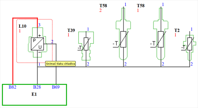 Svorkovnice "C" a pin 82 (propojený s pinem 71 "B" - pedál "B")