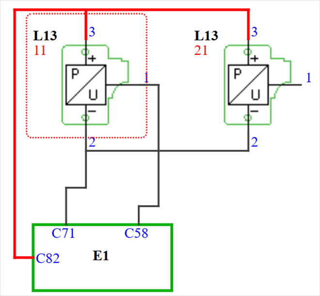 Snímače tlaku 11 a 12 před filtrem částic v obou výfucích 